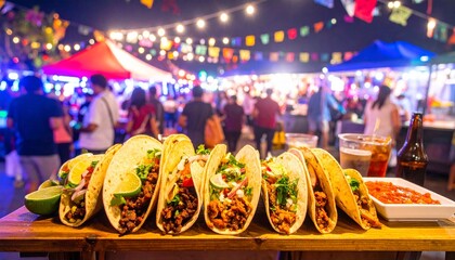 Delicious Tacos at a Lively Outdoor Food Festival with Colorful Decorations
