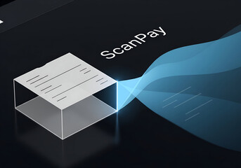 Abstract 3D rendering of a "ScanPay" concept with a floating document box and flowing data waves.