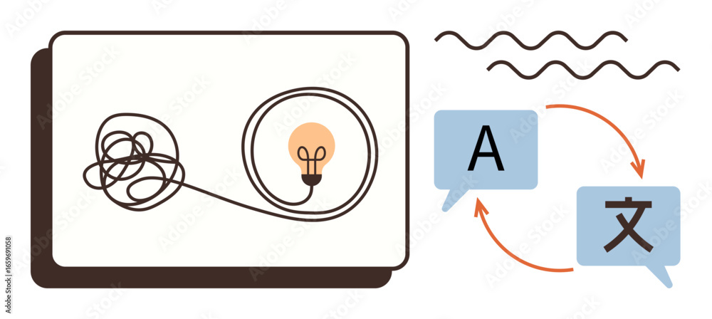 Poster tangled wire forming lightbulb with glowing idea, speech bubbles with letters and arrows. ideal for 