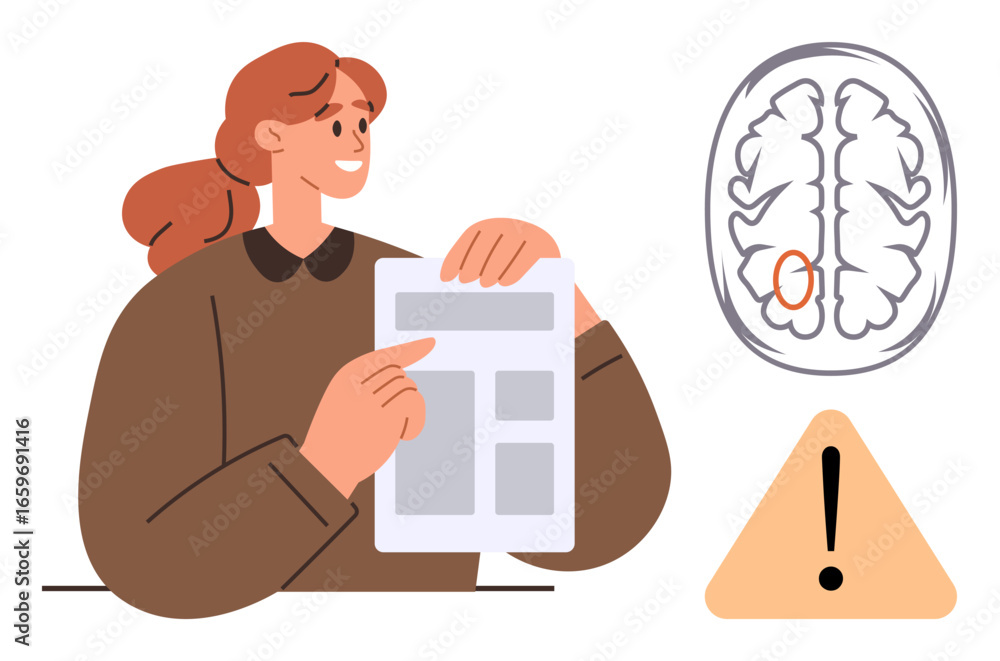 Poster woman with a document discussing brain health, emphasizing cognitive function, problem-solving, awar