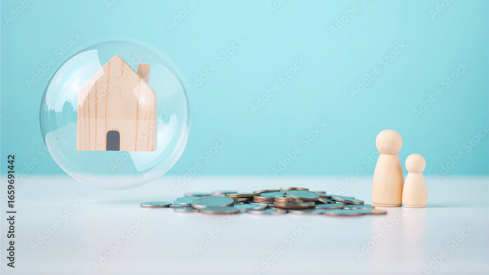 Poster a symbolic image of a home in a bubble and a family, with a pile of coins in front of it. it's repre