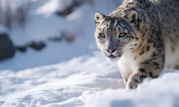 snow leopard slowly walking forward in the snow - Powered by Adobe
