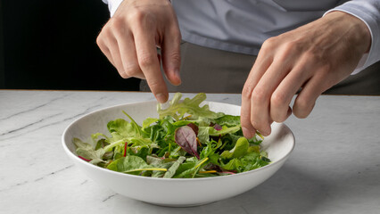 A Caucasian male expertly arranges verdant greens, evoking a culinary dance for World Vegetarian...