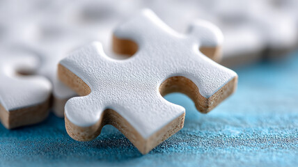 Close-up of a white puzzle piece on a blue surface