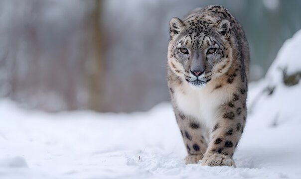 snow leopard slowly walking forward in the snow