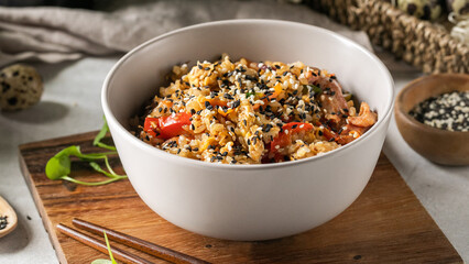 Quinoa symphony basked in sunlight, bursts of sesame seasoned glee, culinary zen for Omizutori traditions and mindful feasting