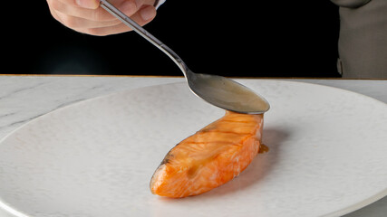 Grilled salmon glistens under culinary artistry, embracing Nordic Midsummer festivity vibes,...