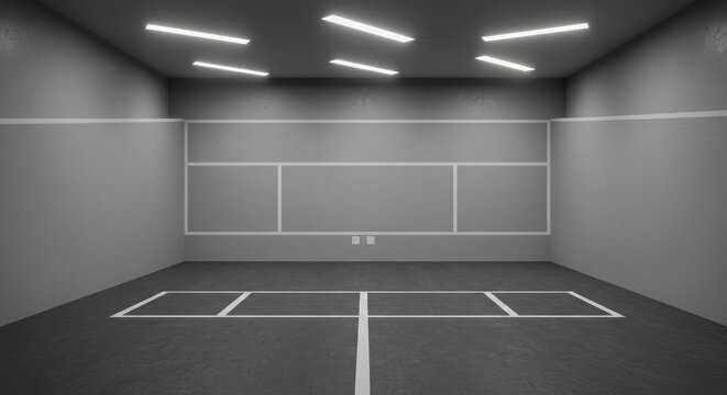 Minimalist Squash Court Interior: Geometric Lines, Monochromatic, Modern Lighting, Empty Space.