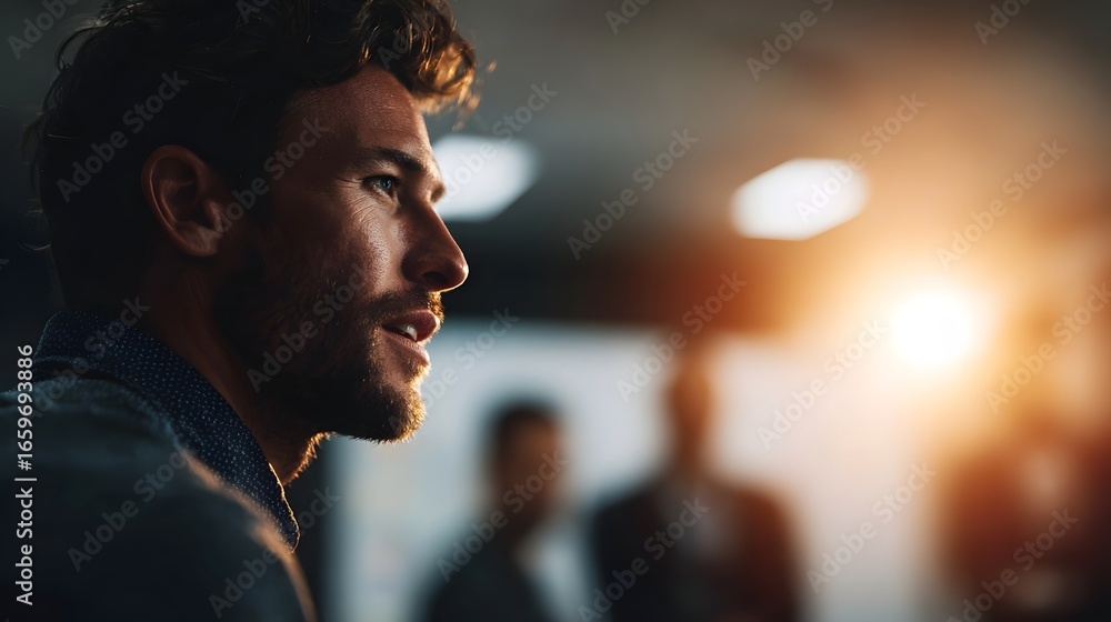 Poster focused manager leading a brainstorming session in an office setting