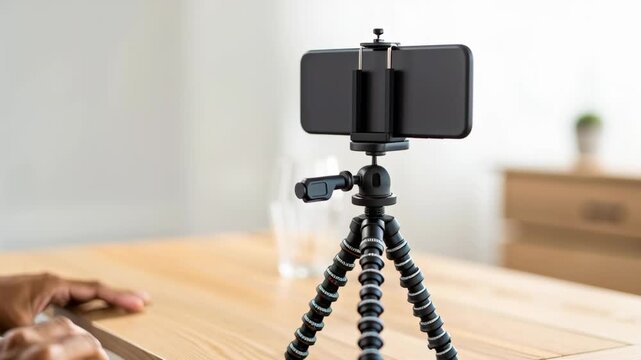 Flexible smartphone tripod with adjustable legs for hands free video and photography setup wooden table bright indoor environment