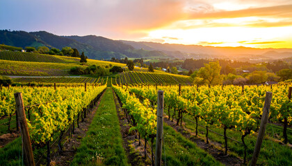 Naklejka premium Vineyard landscape at sunset with rows of grapevines in golden light
