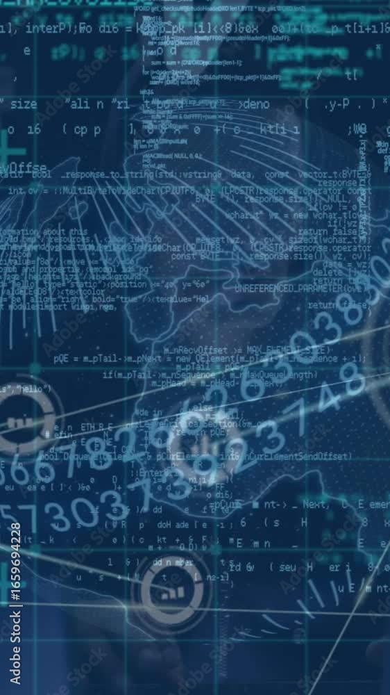 Poster animation of digital interface and network of connections over hacker