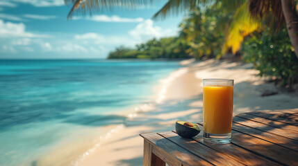 AI generator images of Beach, Juice Drinks Summer Tropical beach cocktail with fruit, Such as orange juice, pineapple juice, avocado juice, coconut water tropical beach scene with clear blue water