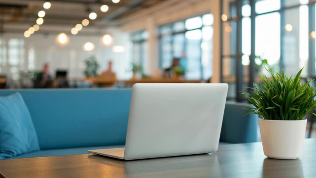 Flexible laptop on wooden table with green plant and blue sofa in modern office space featuring blurred background and people