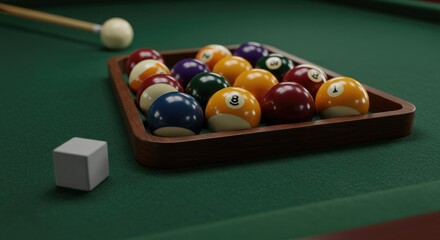 Ready to Break:  Close-up of Pool Balls in Rack, Cue Stick, and Chalk Cube on Green Felt