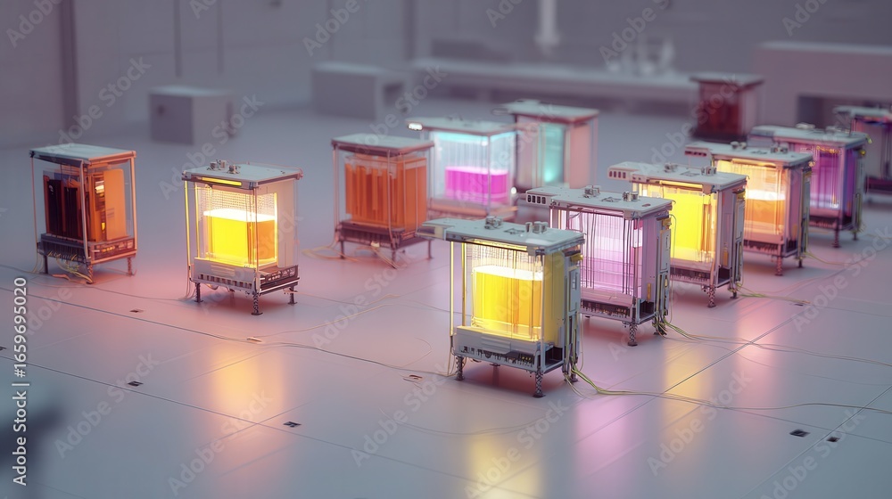 Poster array of glowing, transparent containers in a laboratory setting.