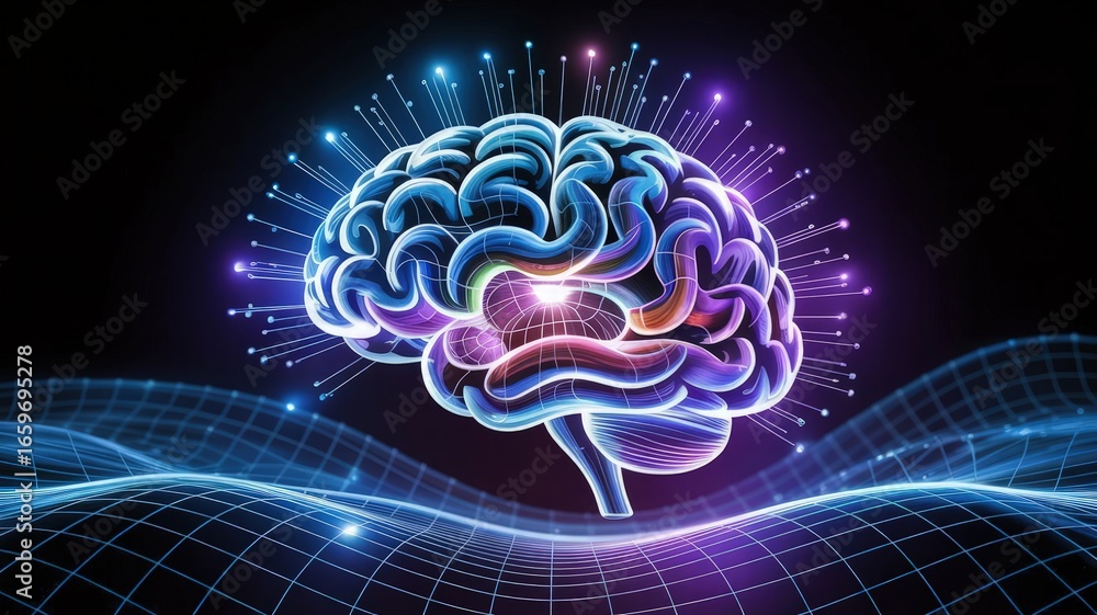Poster digital brain: an intricately detailed digital illustration showcases the human brain, enshrouded in