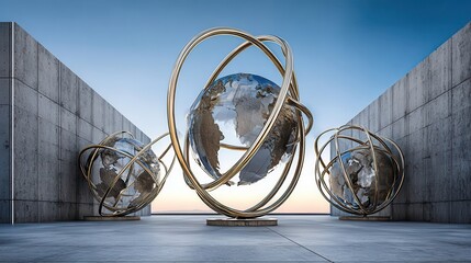Modern globes encircled by metallic rings in a contemporary architectural setting.