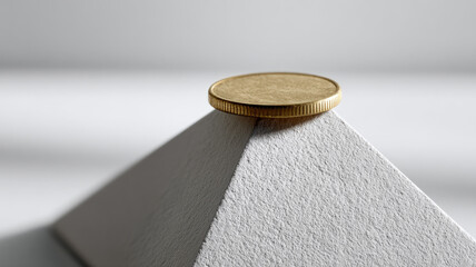 Gold coin balanced on white pyramid symbolizes stability and wealth.