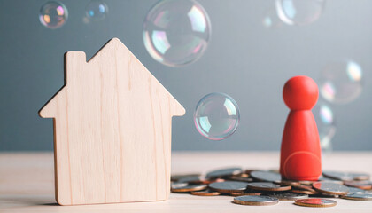 A symbolic representation of real estate, finance, and the housing market with bubbles, a wooden house, coins, and a wooden person