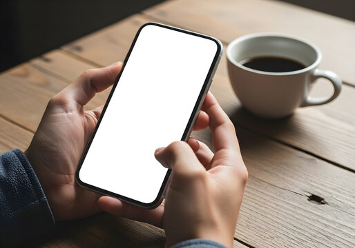 Close-up of hands holding a modern smartphone with a blank white screen next to a coffee cup on a wooden table.