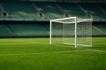 Fototapeta premium Soccer goal net on green grass field in stadium for football match sport and game competition photography