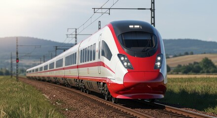 Sleek Red and White High-Speed Train Speeds Through a Sunlit Rural Landscape.