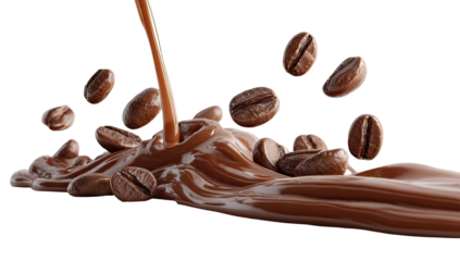 Melted chocolate pouring over coffee beans