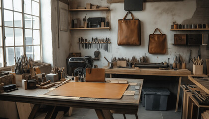 AI generator images of Workroom, workshop for designing and working on leather products such as bags, belts, shoes, beautiful and delicate handmade products.