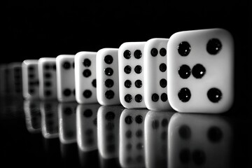 Dice in a row, reflected on dark surface