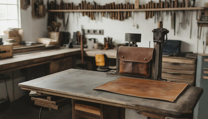 AI generator images of Workroom, workshop for designing and working on leather products such as bags, belts, shoes, beautiful and delicate handmade products.
