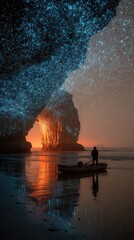 Obraz premium Coastal kayak, ethereal glow, rock arch