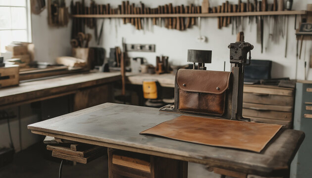 AI generator images of Workroom, workshop for designing and working on leather products such as bags, belts, shoes, beautiful and delicate handmade products.