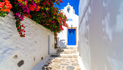Fototapeta premium White architecture with blue door and bougainvillea in bright daylight travel scene