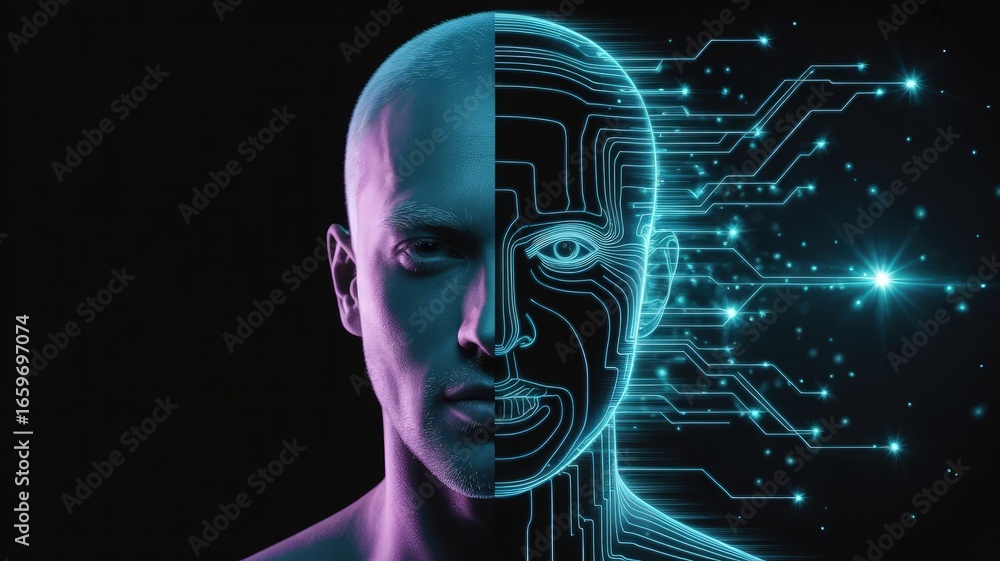 Poster human ai interface: a striking split-face image portrays a human figure merging with futuristic tech
