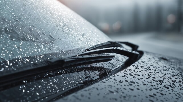 Raindrops on car windshield wipers in rain