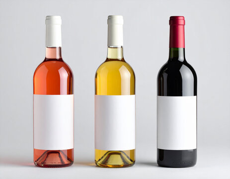Mockup. Blank wine bottles displayed on a neutral background showcasing different types of wine and potential labels