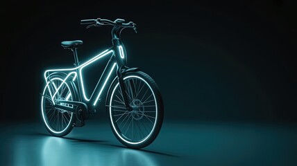 Fototapeta premium Electric Bicycle with Neon Light: A futuristic and minimalist electric bicycle glows with neon light against a dark backdrop, symbolizing modern transport and urban mobility.