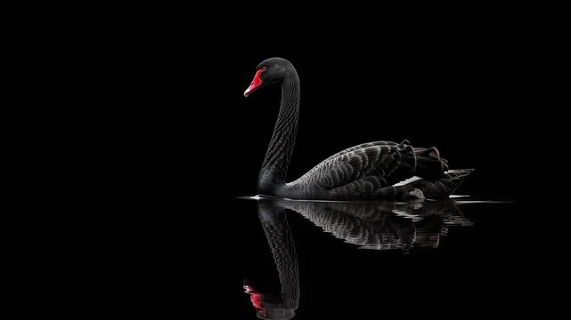 Elegant black swans gliding on a tranquil, obsidian lake creating mesmerizing reflections