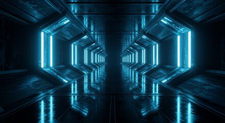 A Symmetrical Sci-Fi Corridor of Glowing Cyan Hexagonal Archways.