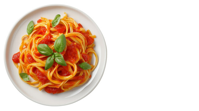 top view of Italian pasta plate with tomato sauce and basil