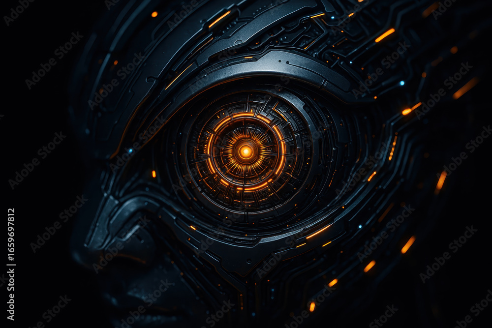 Aufkleber futuristic ai technology concept with glowing mechanical eye and intricate circuits representing ai 