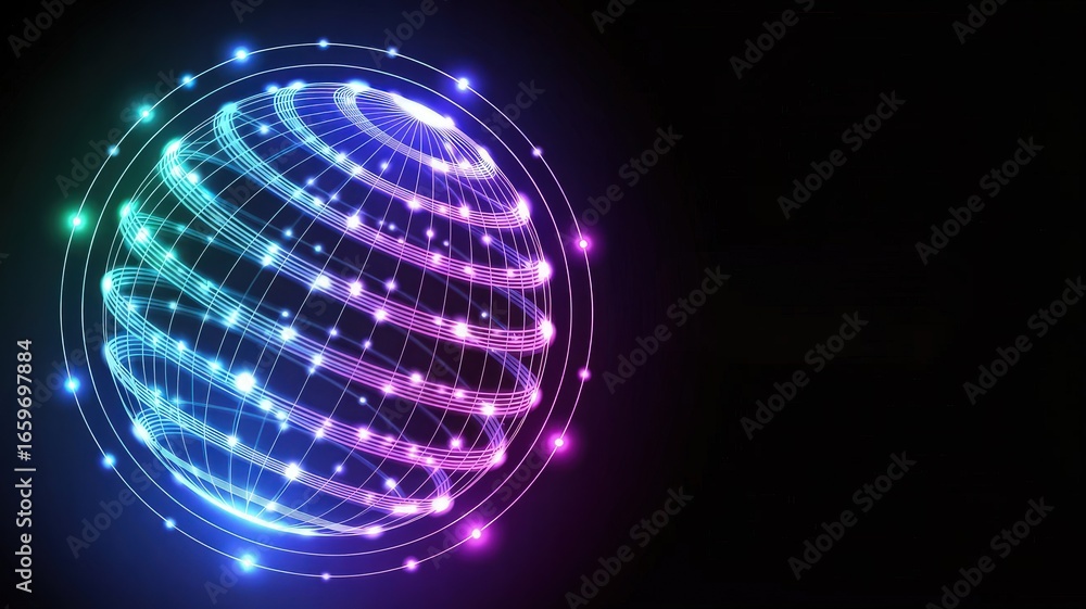Poster illuminated sphere of technology: a vibrant, luminous globe constructed of interconnected points and