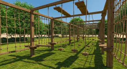 Wooden Obstacle Course in Park: Adventure, Challenge, and Recreation.