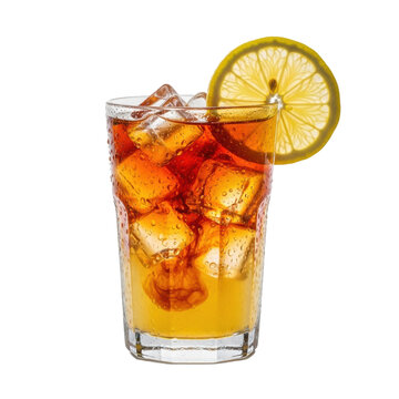 Highball glass, swirling Arnold Palmer, ice, lemon, condensation. Macro shot, transparent studio, dramatic backlighting. Concept of refreshing liquid perfection