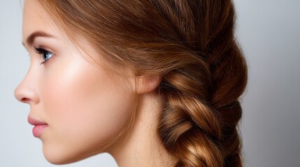 Fototapeta premium A young Caucasian woman with a braided hairstyle gazes gracefully to the side against a neutral background, showcasing her soft features and natural beauty.