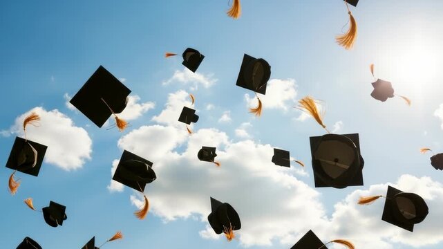 Celebrating Academic Triumph: Graduation Caps Tossed Against a Bright Sky with Clouds of