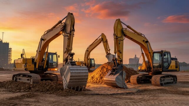 Heavy Machinery at Dusk: A fleet of industrial excavators stands poised against a colorful sky, embodying the strength and progress of construction. Evoking a sense of dynamism and industry.