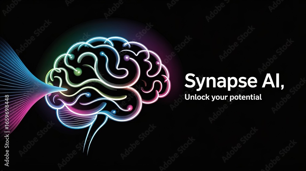 Poster ai synapse unveiled: this image shows a digital illustration featuring a vibrant, glowing brain with