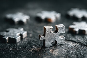 Close-up of a single, metallic puzzle piece amongst others